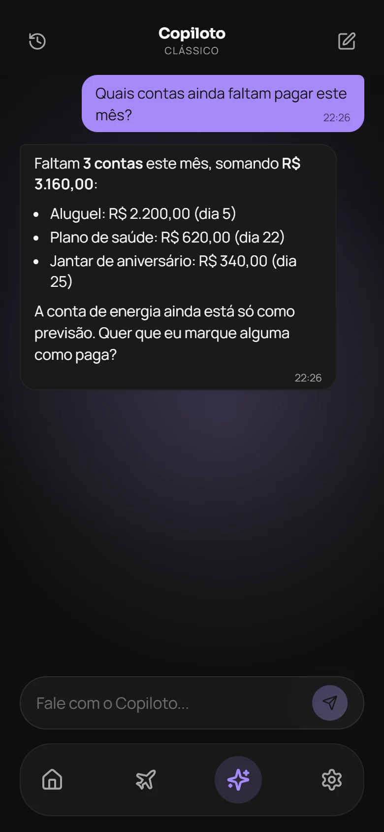Copiloto do Aline respondendo quais contas ainda faltam pagar no mês